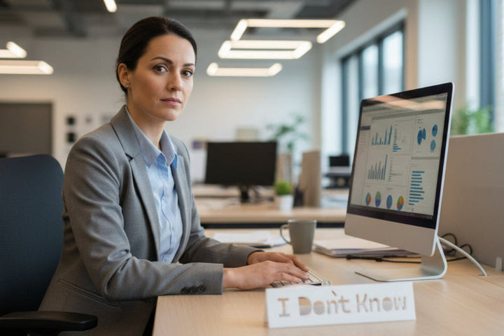 Plastic sign with 'I Don't Know' text on a wooden surface